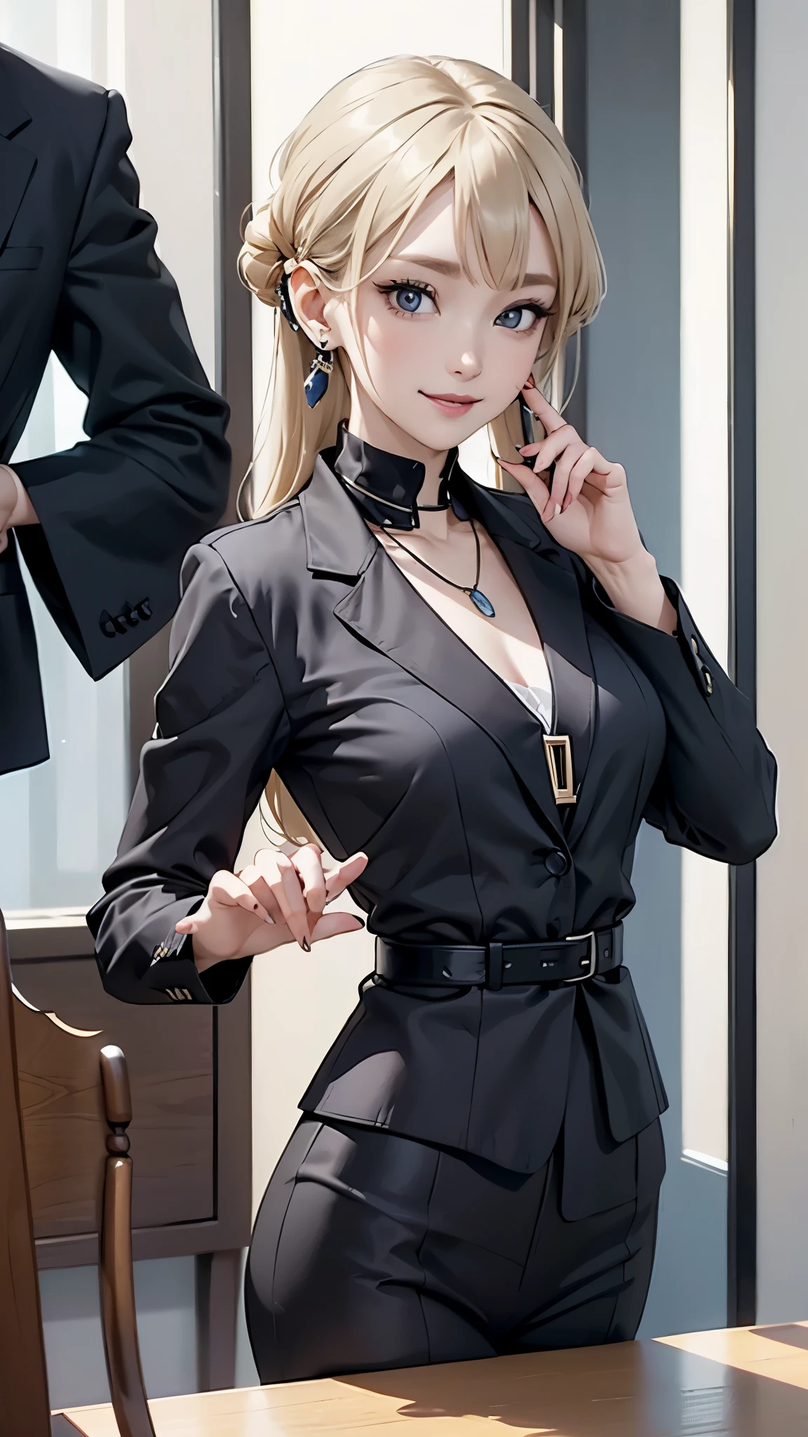 ((Biologically correct limb and finger count))、((standing position))、masterpiece、((focus on the face))、((Symmetrical facial features))、Eyes with detailed description、Beautiful woman、outstanding style、Detailed depiction of faces、earrings、necklace、(shirt、black suit）、smile、Work scene in the office,