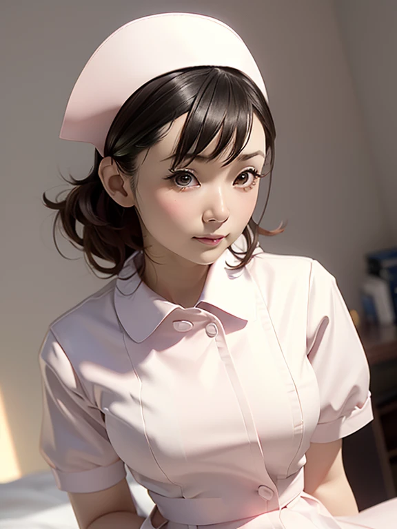 (Chiaki), 20th generation women,1 girl,(Wearing white nurse clothes:1.2),(Raw photo, highest quality), (realistic, photo-realistic:1.4), masterpiece, very delicate and beautiful, very detailed, 2k wallpaper, wonderful, finely, very detailed CG unity 8k wallpaper, Super detailed, High resolution, soft light, beautiful detailed girl, very detailed eyes and face, beautifully detailed nose, finely beautiful eyes, nurse, perfect anatomy, black hair, up style, nurse uniform, ((nurse cap)), long skirt, nurse, white costume, thin, hospital, clear, White uniform, hospital room, Neck auscultation, small breasts, close up face