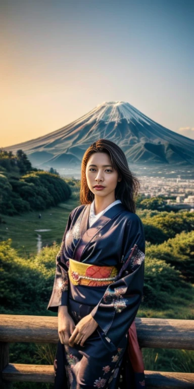 original photo，at sunset，spectacular cloud formations, 8K, best quality, Very detailed, mystery, dark, complicated, upscale, auction:1.2, woman, Japanese kimono, 美丽的woman，tall and sexy，Arrogant atmosphere, 性感的Japanese kimono，split，huge cleavage，Slender long legs，facing the audience，Mount Fuji background