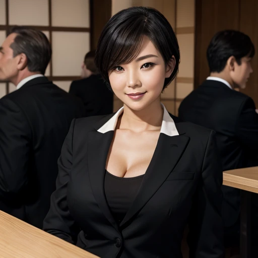 (highest quality:1.2),(perfect beautiful face 1.2),(Perfect and beautiful posture:1.2),(japanese woman),big and full breasts, black short hair,(suit),BAR,((valley)),(drunk)