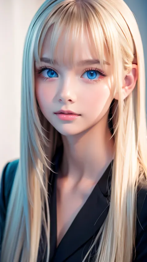 unparalleled beauty, Glossy firm and shiny skin, bangs between the eyes, Beautiful shiny, straight platinum blonde hair, Super Long Straight Silky Hair, eyeliner, A very beautiful and innocent 15 year old, High definition big beautiful light blue eyes, bea...