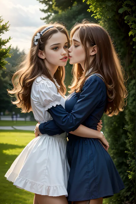 Masterpiece, two girls, (kissing, hugging:1.2), (Virginia Otis, 15 years old (blond hair, blue eyes)) pose with (16 years old Ge...