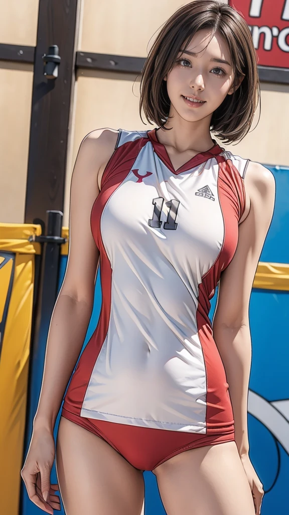 8K, Raw photo, highest quality, masterpiece, realistic, Photoreal, (1 Ultimate beauty), 21 years old, highly detailed face, (perfect teeth), detailed eye, double eyelid, eyelash, grin and laugh, lip details, brunette bob, natural breasts, ((Sexy volleyball uniforms)), soft light, ((Depth of written boundary)) 、Shot from the back、share、stick out your butt、With legs apart、slender body、inverted nipples,