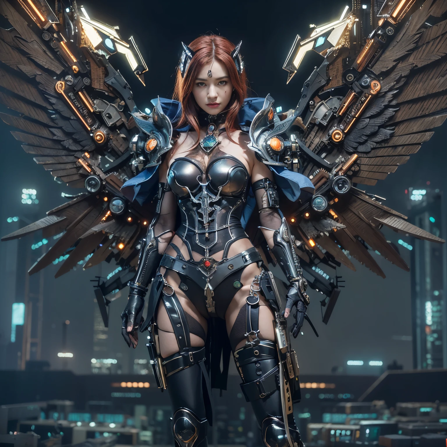 (top-quality:1.2, masterpiece)、ultra high resolution、extremely ultra surrealism, (Photorealsitic:1.4)、Raw photo、(Steampunk Battle Cyborg fallen angel)、large wings made of metal、black porcelain body、red  hair、glowy skin、1 Cyborg girl、(mechanical frame:1.3)japanese, extremely cute face,  ((super realistic details))、portrait、globalillumination、Shadow、octan render、8K、ultrasharp、character edge light、Details of complex ornaments、Acrylic Clear Cover、Sumerian details、Hydraulic cylinder、Small LED lamp、highly intricate detail、Realistic light、a purple eye、radiant eyes、Facing the camera、neon details、cowboy  shot、Futuristic headgear、About Cyberpunk