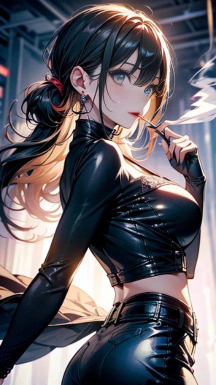 22 years old, (milf:0.8), (solo:1.5), (sfw:1.25), cute breast, beautiful breasts, medium ,black suspenders,(Bulging ,big breasts:1.1),(Black miniskirt:1.3),garters,Gaze,Small face,bangss,holster,Belt Armament,Beautuful Women, thin waist, big ass:1.0, Raised sexy, (dark green mediumlong hair,side ponytail,hair between eyes,bangs, dark blue eyes, light smile, big , Revimpling fabric, earrings, Hand gloves, detailed face,(smoking:1.3),detailed and beautiful eyes,beautiful detailed lips,Rolling her eyes,manner,(ultra high resolution, 8K RAW photo, photo realistics, thin outline:1.3, clear focus), best qualtiy, natural lighting, textile shading, field depth (Bright pupils, fine detailed beautiful eyes with highlight:1.3, high detailed face), Red lip, fine realistic skins:1.1, looking down viewers:1.3, (dynamic angle:1.3, front view:1.1, breast focus:1.3, from below:1.2), (dynamic posing:1.5, sexy posing:1.2, leaning forward),Youghal, side lock, hair ornaments, hair band,nice,garden background,artistic rendering,Super detailed,(highest quality,4k,8K,High resolution,masterpiece:1.2),Bright colors,studio lighting ,in usa military base,