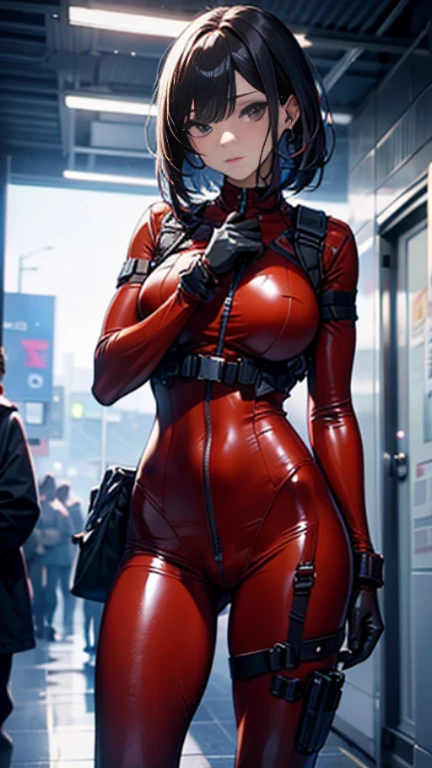 ((Best Quality, 8K, Masterpiece: 1.3)), ((best quality)), photorealistic, photorealism, Photorealistic, high resolution, 1girl aiming with an  assault rifle, Combat pose, looking at the camera, (Detailed face), short hair, (wearing red rubber suit, tactical vests, military harness, black gloves, high-tech headset), cloths color based on black dark blue), revealed thigh, Gun, Fingers are occluded, concrete wall background,