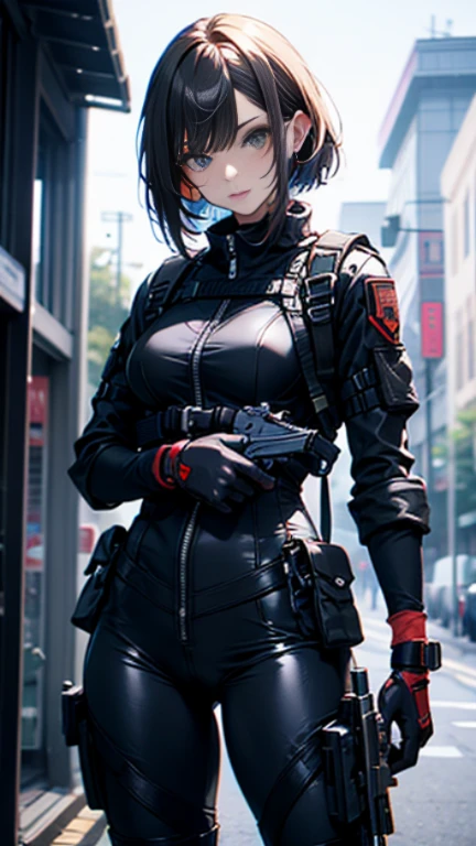 ((Best Quality, 8K, Masterpiece: 1.3)), ((best quality)), photorealistic, photorealism, Photorealistic, high resolution, 1girl aiming with an  assault rifle, Combat pose, looking at the camera, (Detailed face), short hair, (wearing red rubber suit, tactical vests, military harness, black gloves, high-tech headset), cloths color based on black dark blue), revealed thigh, Gun, Fingers are occluded, concrete wall background,