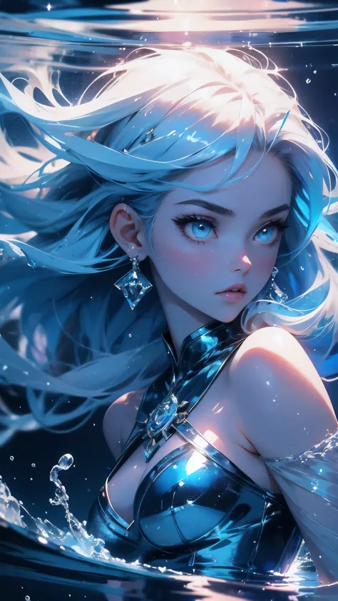 beautiful young girl with blue hair and blue eyes, her zodiac sign is aquarius, femme fatale, blue beautiful dress, water on the...