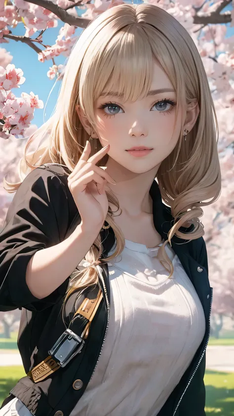 a park where cherry blossoms dance,high school girl,(random pose:1.2),(random hairstyle),(highest image quality,(8k), ultra-real...