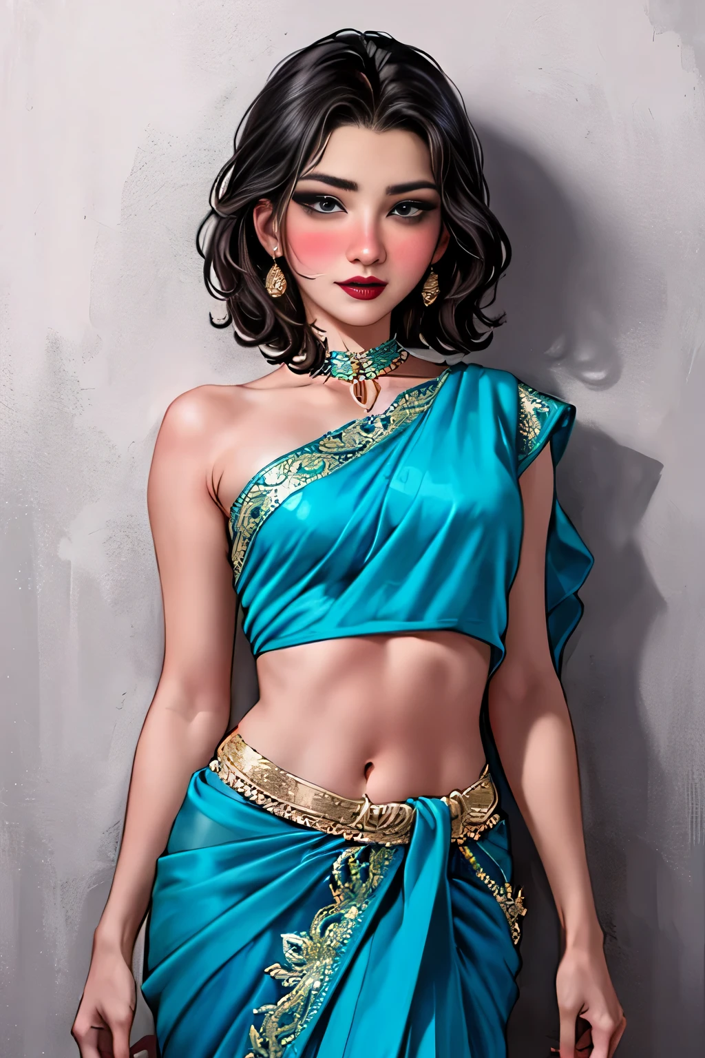 Sexy woman, 60/40 hair part, lots of eyeliner, blush and lipstick, sexy blue saree, low-waist saree, pinned against the wall, seductive gaze, blushing intensely, ready to kiss 