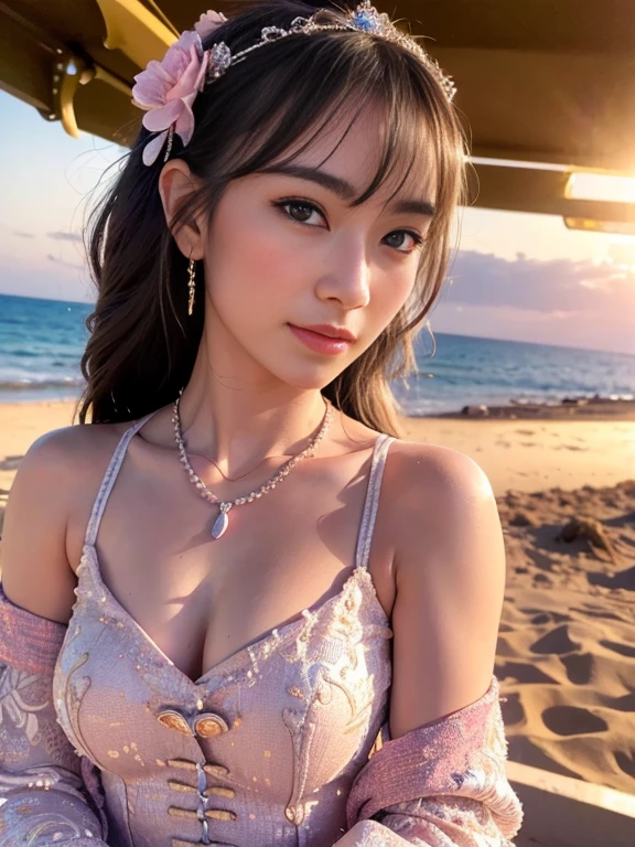 (best quality:1.1) ,(photorealistic:1.1), (photography:1.1), (highly detailed:1.1), looking at viewer,armlet, Jade bracelet, eyelashes, happy, small breasts,beautiful detailed girl, (extremely detailed eyes and face), (lighting on face),necklace,Colorful clothes, [chinese clothes],[off shoulder], (solo:1.2), sandbeach,sand,Standing by the seaside, summer, (beautiful detailed sky),seethru,