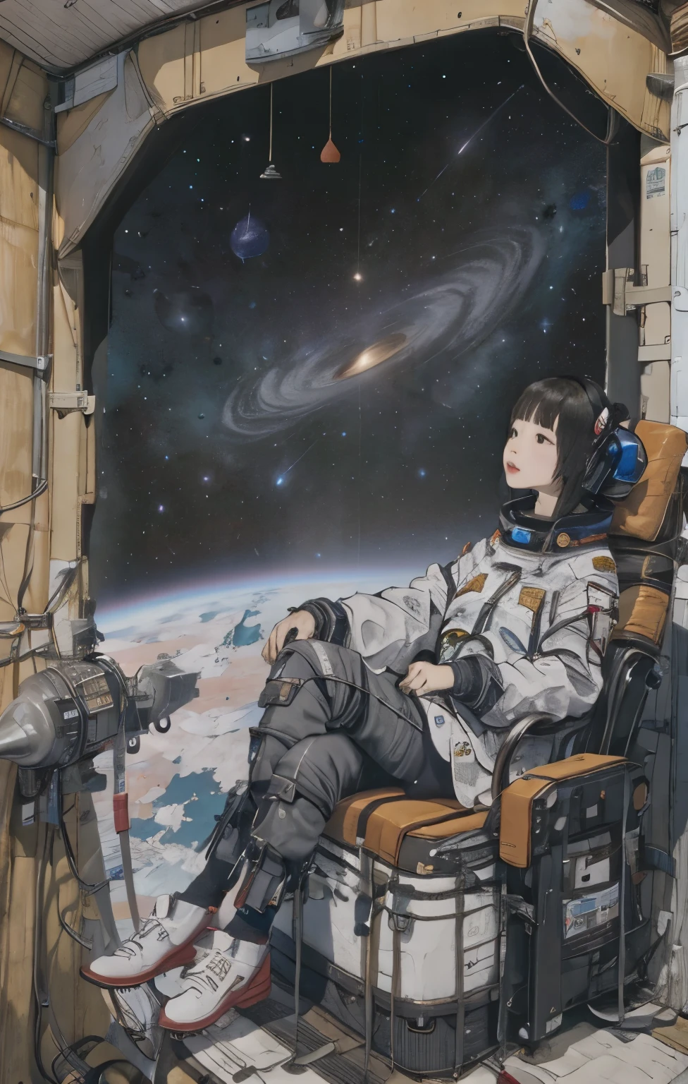 A bondage-like space suit tightens the girl&#39;s body、outer space、Stars, nebulae and shooting stars、Piloting a spaceship in a small cockpit、A cockpit like a delivery chair