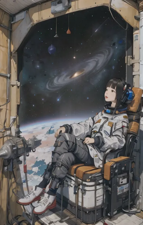 A bondage-like space suit tightens the girl&#39;s body、outer space、Stars, nebulae and shooting stars、Piloting a spaceship in a s...