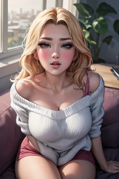 Sexy woman, perfect hair, amazing makeup, seductive gaze, blushing intensely, ready to kiss, long oversized sweater, sitting comfortably on couch, window, natural light beaming through window, beautiful face, seductively gazing at us, very seductively prov...