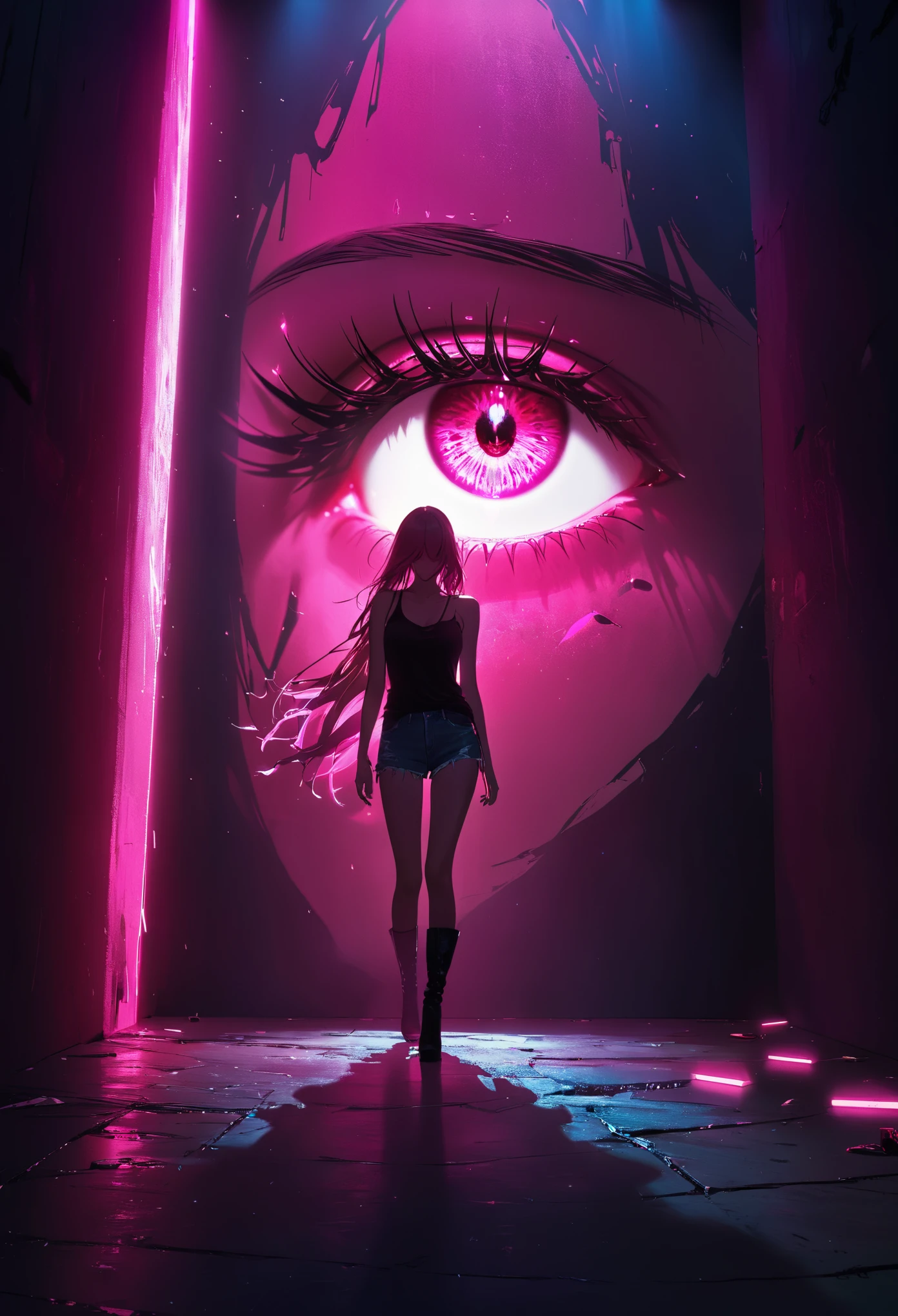 (Portrait of a mysterious giant eye), indoor, Fluorescent illumination, (Darkness shrouded, Wall background, black background, shadow, extreme darkness:2.0), Minimalist graffiti style background, Fluorescent pink eye graffiti, Dark atmosphere, 1girl, Oversized black T-shirt, midlle breasts, Waistless T-shirt, underboob, blurred background, Blurred foreground, neon Pink glowing hair, neon pink glowing eyes, Bare shoulder, presenting armpit, Kneel on the ground, Unbelievably long hair, Messy hair, Low rise denim shorts, Over-the-knee boots, pink eye shadow, Eye of destruction, Poker face, silhouette, cowboy shot, Surrealism, perspective, cowboy shot, pov, UHD, anatomically correct, super detail, best quality, 16k, masterpiece