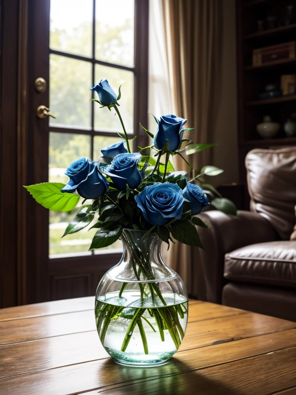 Photorealistic image of a ((glass vase with water and some beautiful blue roses)). The vase rests on a wooden table, in the living room of a house with large windows, masterpiece, ultra-realistic, high details, high quality, 8k