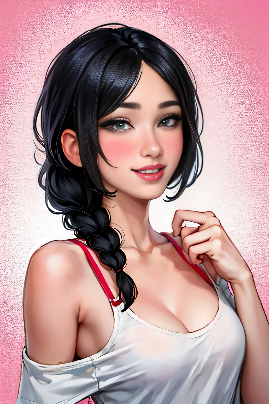 Sexy and cute woman, woman in love, black hair braided, very seductive and soft eyes, blushing hard, pink lips parted, seductive smile, long neck, collarbone, medium chest, cleavage, off shoulder t shirt, no straps, bare shoulders