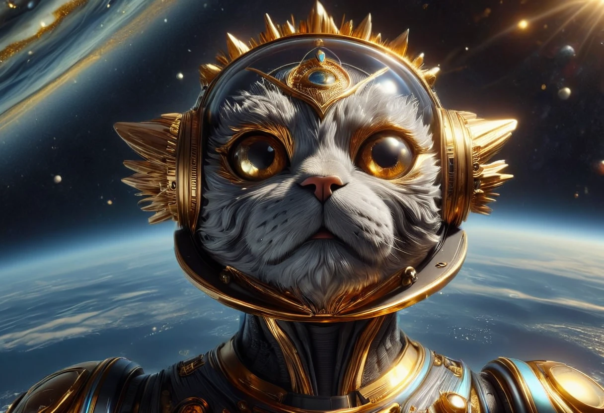 Fractalidad escultórica del arte de la hoja de oro que descansa contra el océano tempestuoso que se convierte en hiperespacio nocturno, Encarnando "Todo el mundo ama a los gatitos" a través de vívidos esmeraldas líquidas, rubíes y zafiros, con alambre de oro y platino, Canalizándose hacia un punto de fuga en el espacio exterior., fusión de la complejidad de Norman Lindsay, La delicadeza de Philippe Vignal, equilibrado como Jacob Lawrence, dinámico como Francis Picabia, renderizado en Unreal Engine, textura acrílica añadiendo profundidad, carácter de infusión estética grunge, ultra alta definición, colores vívidos, Alto detalle, Pluma y tinta UHD, composición perfecta, Intrincado, alta calidad, obra maestra. mejor calidad, Súper detalle