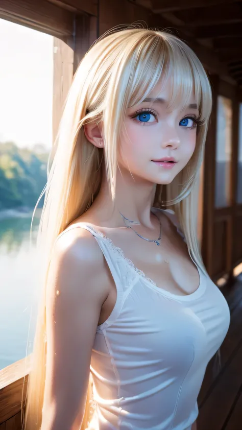 (8K), (best quality), (muste piece:1.2), (Reality), (It&#39;s photorealistic:1.37), Super detailed, 1 girl, cute type,((Just got out of the lake)),A gentle expression with a smile、Beautiful detailed light blue eyes, beautiful detailed nose, whole body, wet...