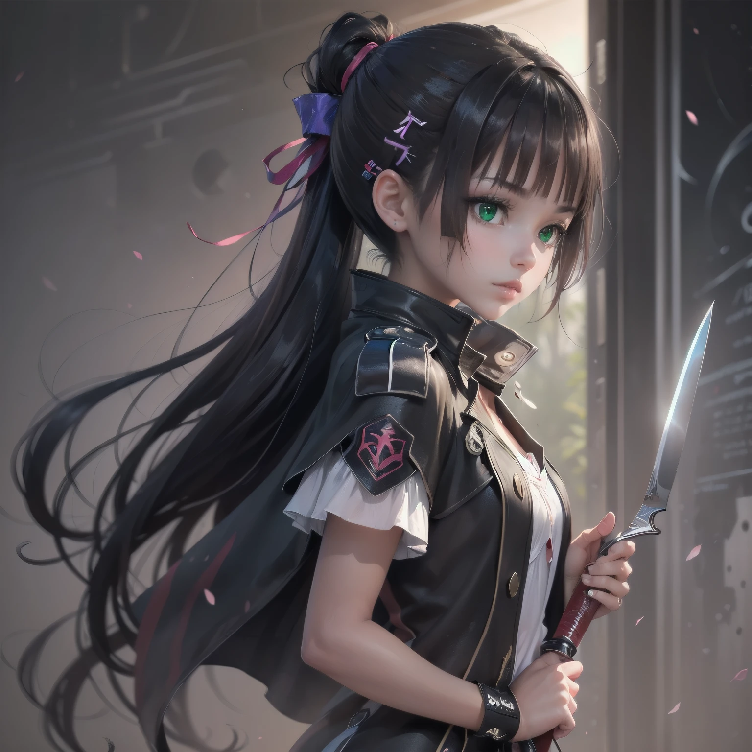 ((1 girl)),Beautiful and seductive profile,black hair,green eyes,knife