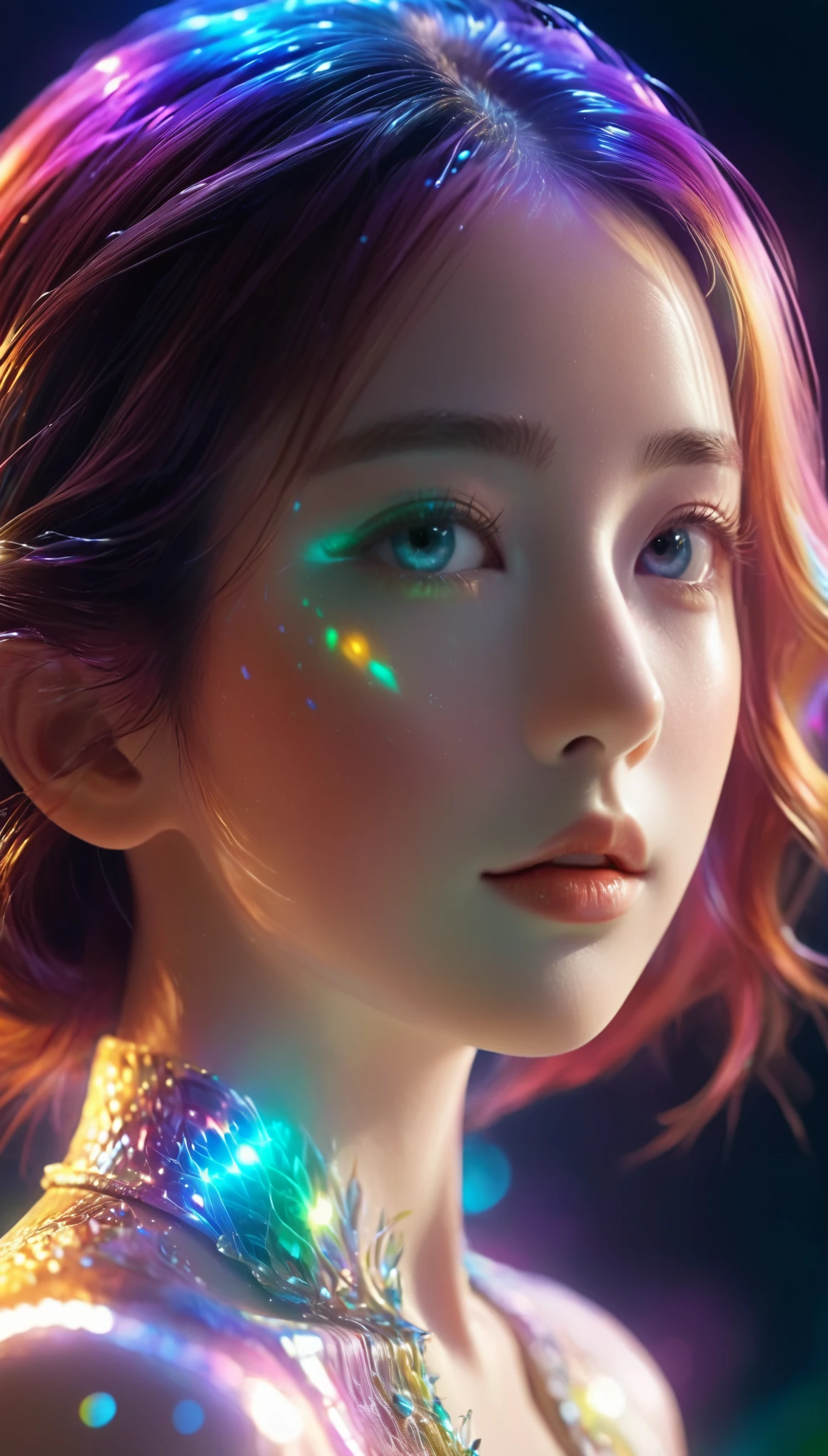 {{masterpiece}}, best quality, Extremely detailed CG unified 8k wallpaper, movie lighting, lens flare, beautiful details eyes, Black,  side view,  multi color hair, rich and colorful light, particle, heterochromia, (rich and colorful:1.5), (rich and colorful hair:1.5),