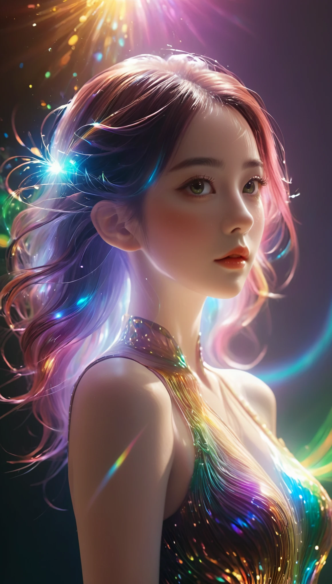 {{masterpiece}}, best quality, Extremely detailed CG unified 8k wallpaper, movie lighting, lens flare, beautiful details eyes, Black,  side view,  multi color hair, rich and colorful light, particle, heterochromia, (rich and colorful:1.5), (rich and colorful hair:1.5),