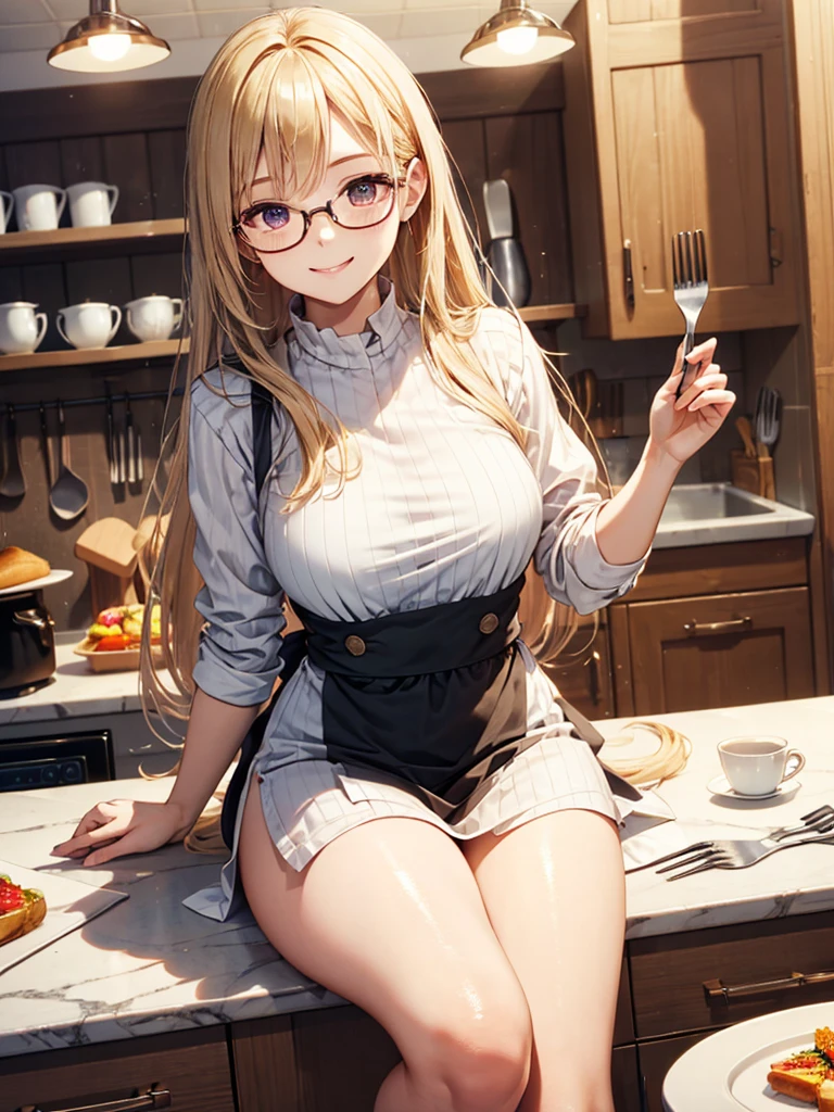 High resolution、Perfect skeleton、perfect fingers、perfect face、20 year old female、one woman、shiny hair quality、beautiful blonde、super long hair、Glasses、Glasses美人、breakfast、cooking、kitchen、apron、smile、beautiful feet、beautiful thighs