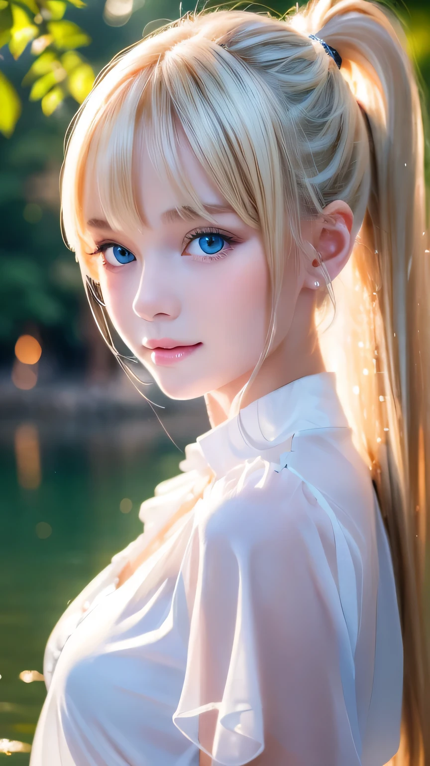 (8K), (best quality), (muste piece:1.2), (Reality), (It&#39;s photorealistic:1.37), Super detailed, 1 girl, cute type,((Just got out of the lake)),A gentle expression with a smile、Beautiful detailed light blue eyes, beautiful detailed nose, whole body, wet hair, middle breast, ((dramatic writing)),see through,((wet with water)),((see through)),(((seductive pose))),(((Stroking your hair with one hand)))、、bright look、ponytail、Young, shiny, white, glossy skin、best beauty、blonde reflection、Platinum blonde hair with dazzling highlights、shiny bright hair,、super long silky straight hair、Shining beautiful bangs、Large, bright, clear and attractive light blue eyes、Very beautiful, lovely, cute 16 year old girl、rich bust,beautiful white blouse、((Enjoy with your whole body 1.5))++、