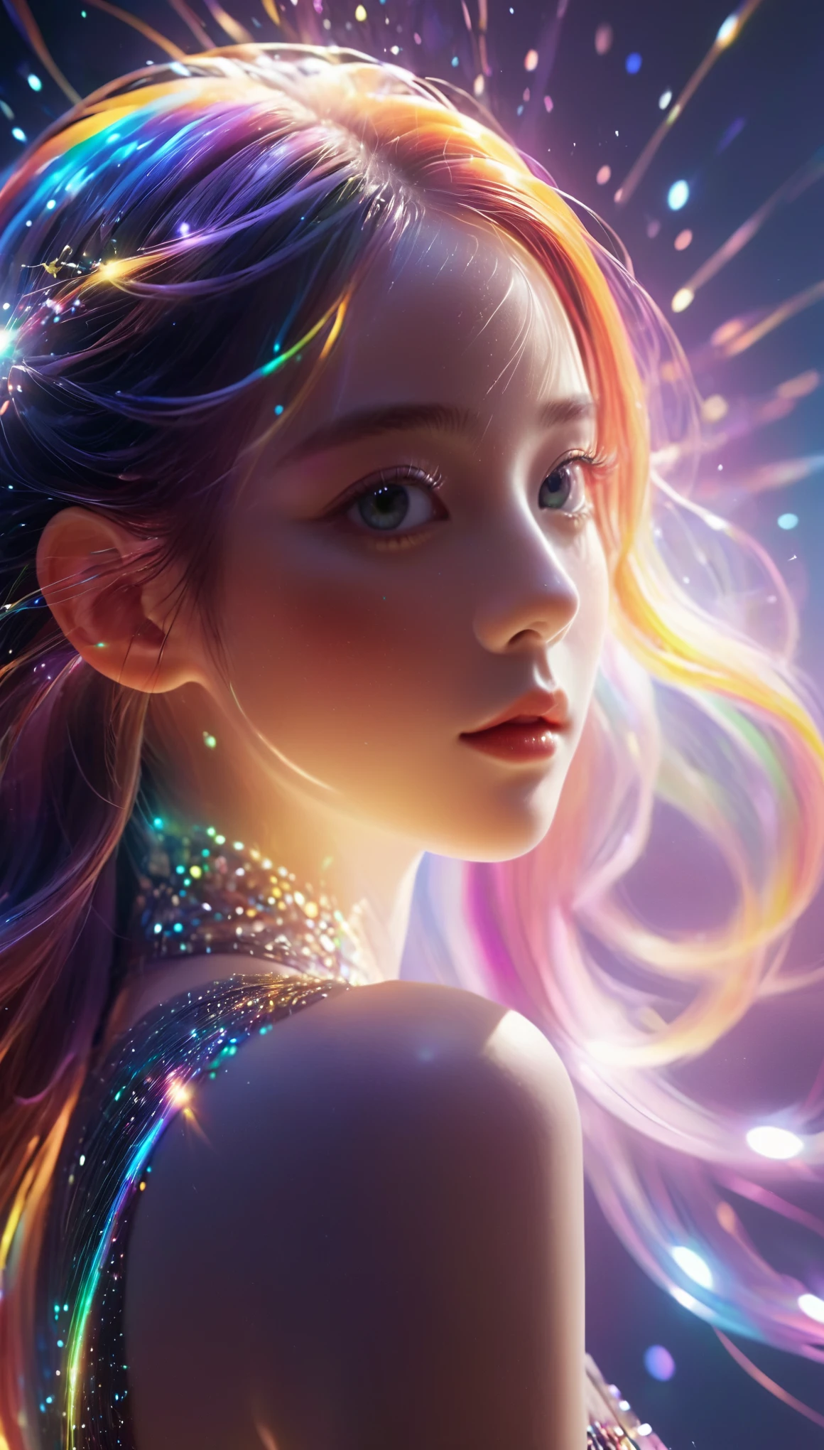 {{masterpiece}}, best quality, Extremely detailed CG unified 8k wallpaper, movie lighting, lens flare, beautiful details eyes, Black,  side view,  multi color hair, rich and colorful light, particle, heterochromia, (rich and colorful:1.5), (rich and colorful hair:1.5),