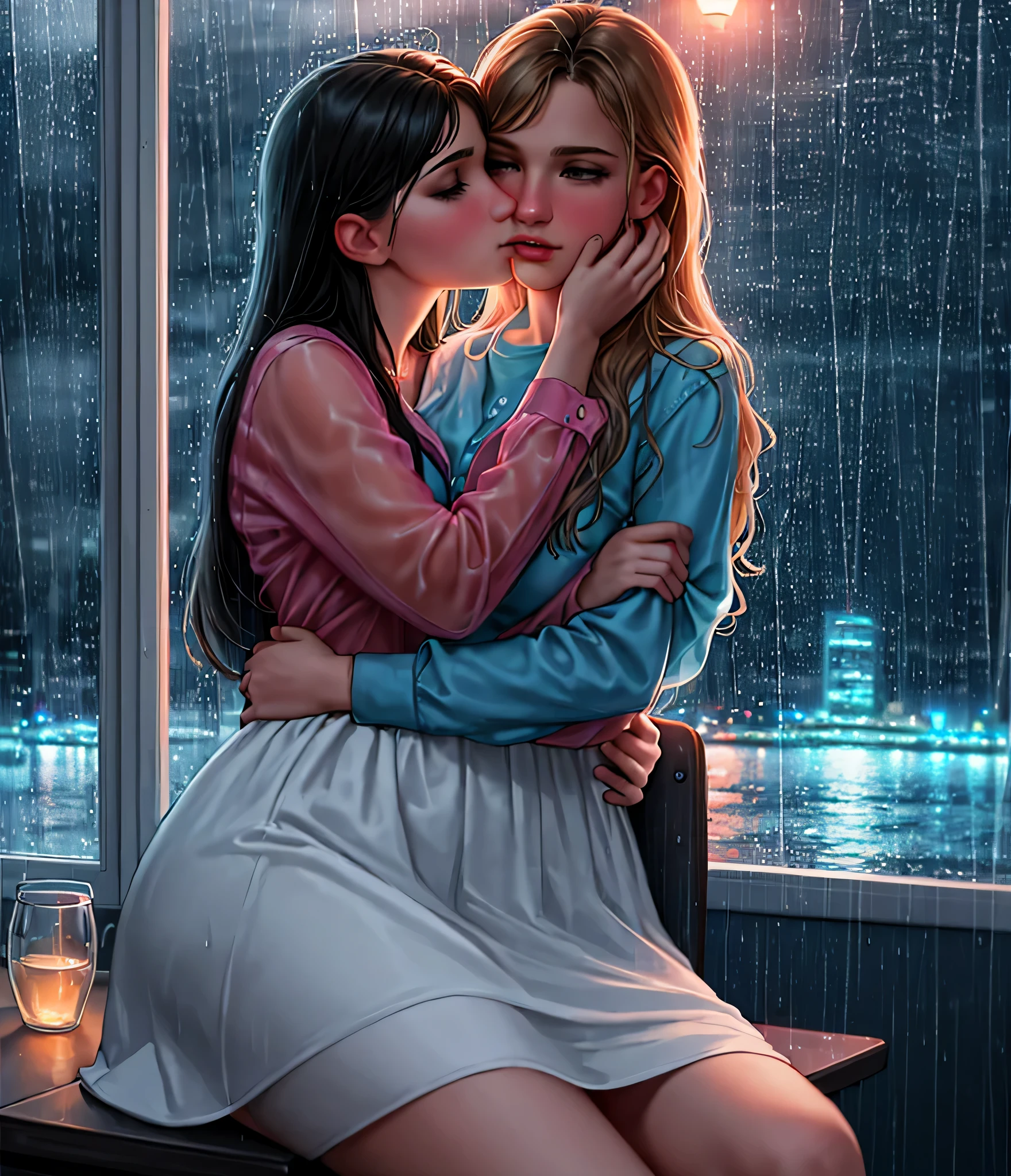 (mejor calidad,Fotorrealista),2 chicas,besando apasionadamente,tocarse los labios,abrazo fuerte,Sentado en el regazo,silla,ventana,lluvioso afuera,Noche,iluminación dramática,colores vívidos,ambiente romantico