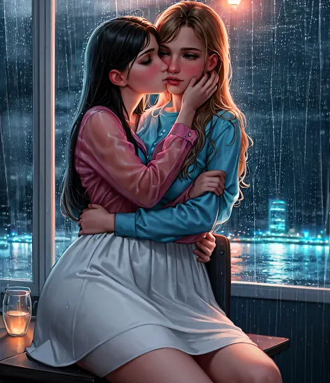 (best quality,photorealistic),2girls,kissing passionately,touching lips,tight embrace,sitting on the lap,chair,window,rainy outs...