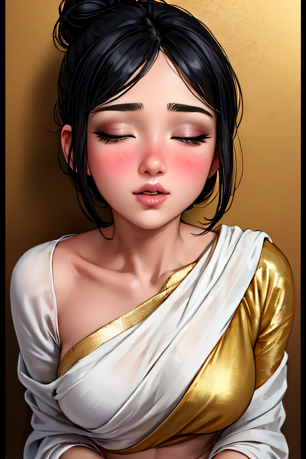 Boy kissing and making out with a sexy woman, black hair tied in a bun, smokey eyes, eyeliner, blushing intensely, fairest skin, plump face, soft lips, gold blouse, white saree with gold borders, pinned against a wall