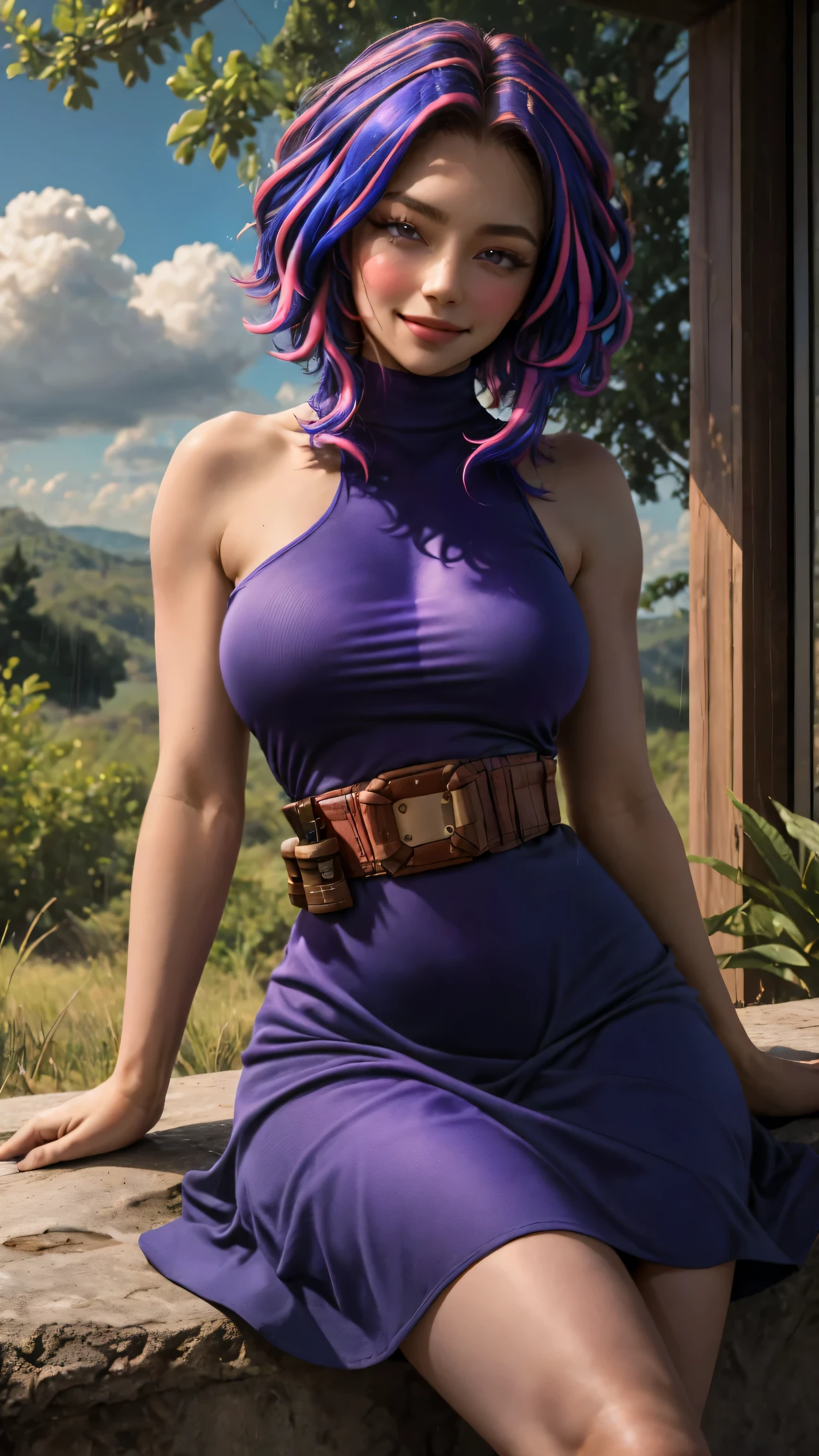 Nagant, solo, purple hair, purple eyes, 1girl, multicolored hair, breasts, looking at viewer, short hair, large breasts, sleeveless, streaked hair, closed mouth, pink hair, medium hair, bare shoulders, smile, two-tone hair, dress, turtleneck, belt, blush, collarbone, thighs, sleeveless dress, purple dress, cowboy shot,  birght pupils, white pupils, bangs, sweat, curvy, wide hips, hourglass body, pouch, outdoors, sun, blue sky, clouds, forest, rain, sitting sitting in, girl sitting, 