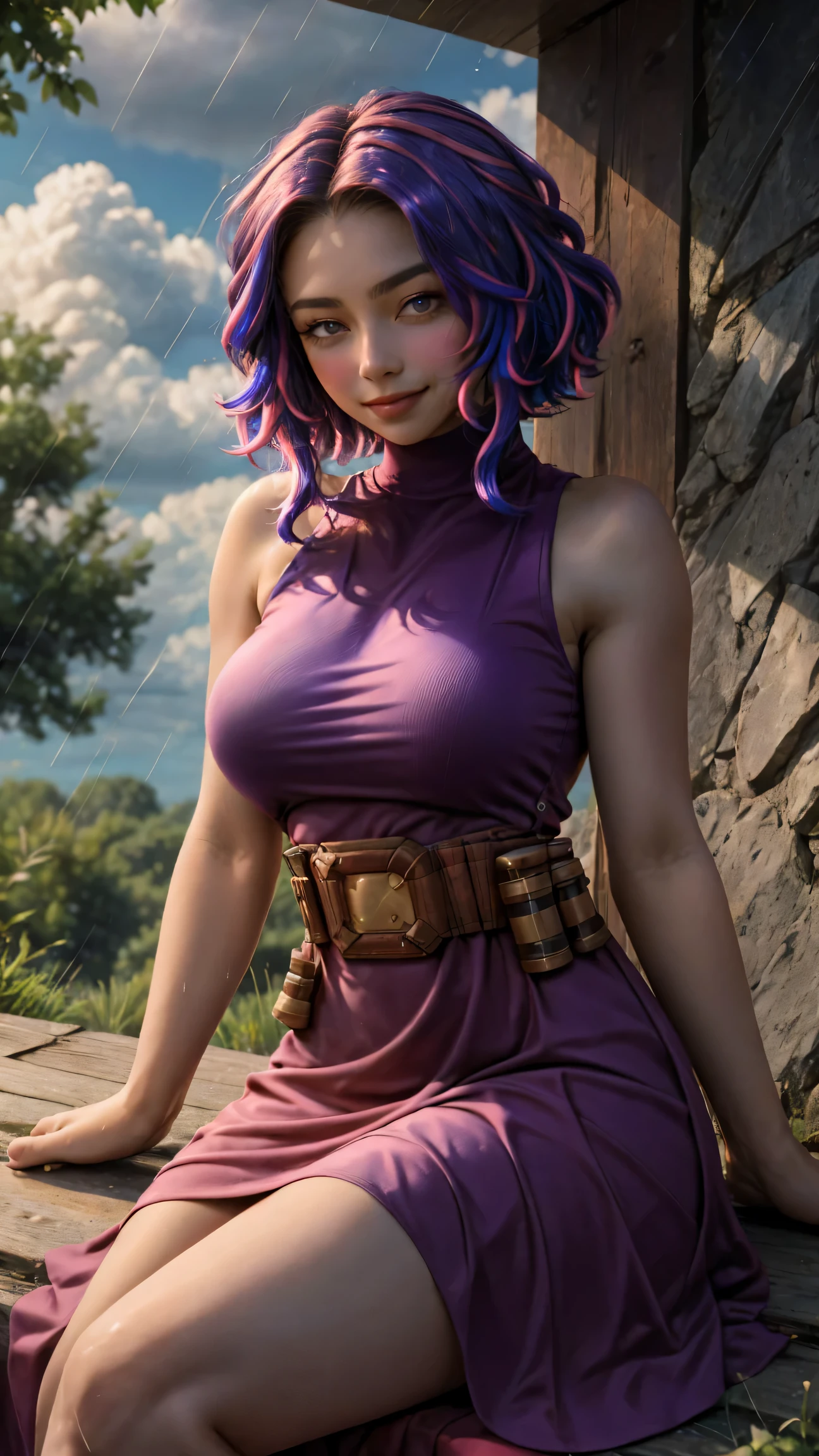 Nagant, solo, purple hair, purple eyes, 1girl, multicolored hair, breasts, looking at viewer, short hair, large breasts, sleeveless, streaked hair, closed mouth, pink hair, medium hair, bare shoulders, smile, two-tone hair, dress, turtleneck, belt, blush, collarbone, thighs, sleeveless dress, purple dress, cowboy shot,  birght pupils, white pupils, bangs, sweat, curvy, wide hips, hourglass body, pouch, outdoors, sun, blue sky, clouds, forest, rain, sitting sitting in, girl sitting, 