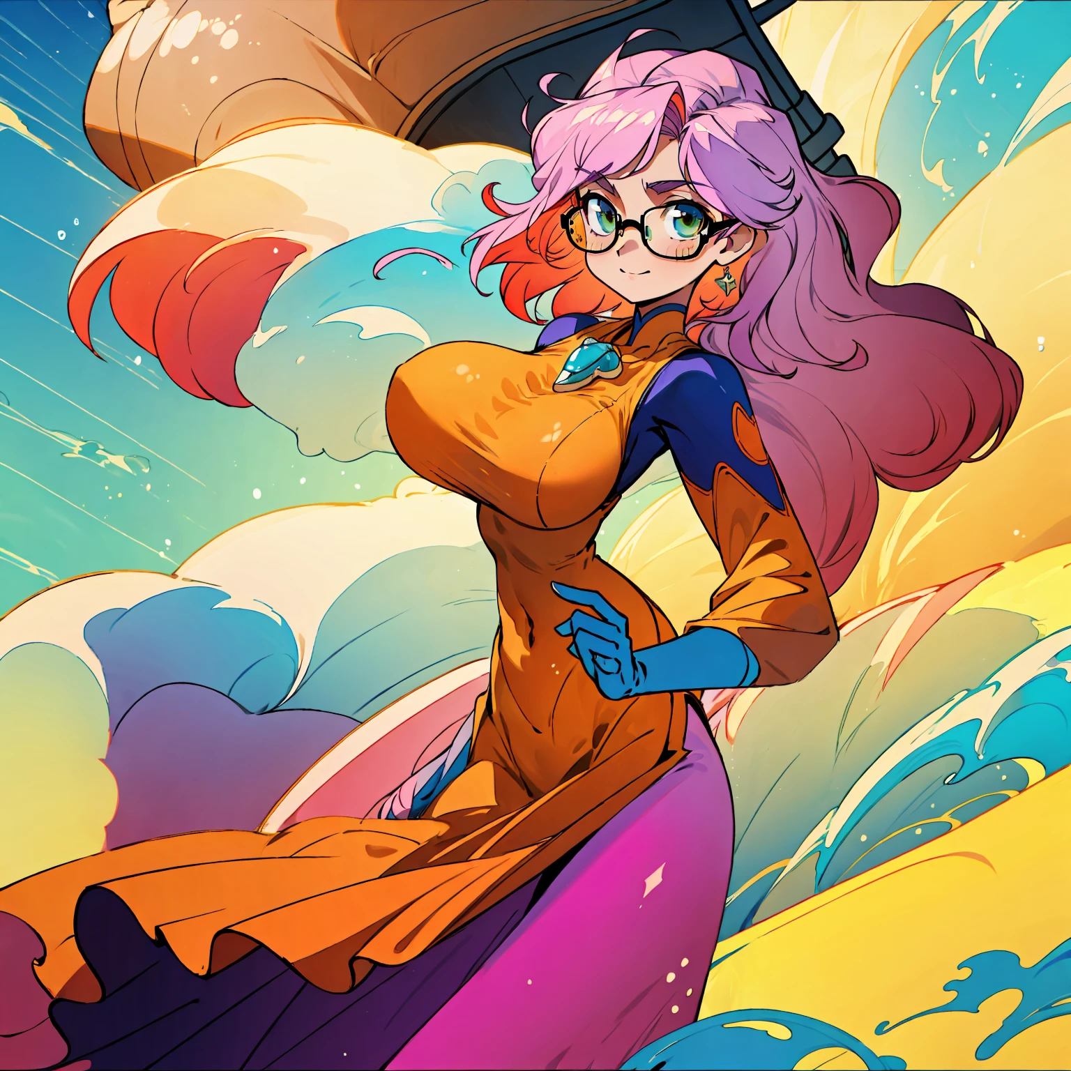 (masterpiece, best quality:1.2), cowboy shot, (solo), (1girl):1.5, glasses, long fluffy pink hair, hair blowing, gorgeous, slight smile, (elegant swimswit), navel exposed, large breasts, breasts niples, cameltoe, on a ship at windy sea.