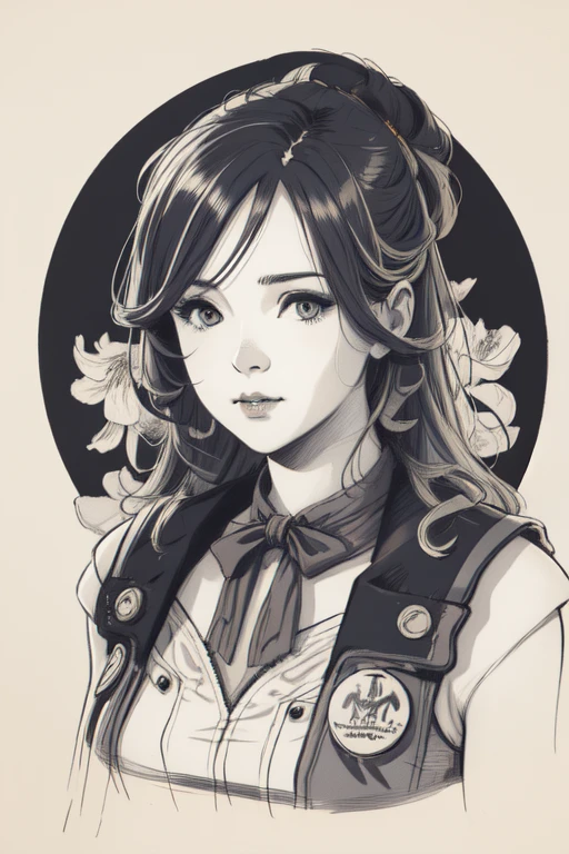 Charlie Bowater&#39;retrato de esboço litográfico realista de uma mulher, Flores, [equipamento], Cano, Diesel Punk, Fitas multicoloridas, textura de papel antigo, Muito detalhado