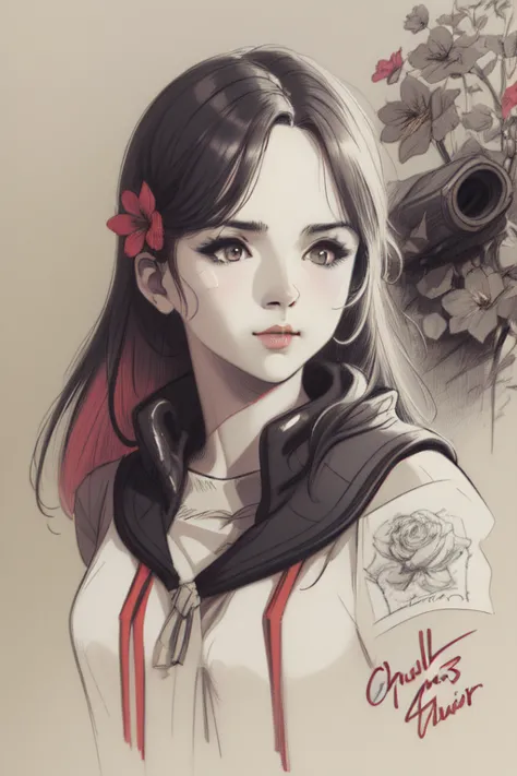 Charlie Bowater&#39;s realistic lithographic sketch portrait of a woman, flowers, [Equipment], pipe, diesel punk, Multicolored r...