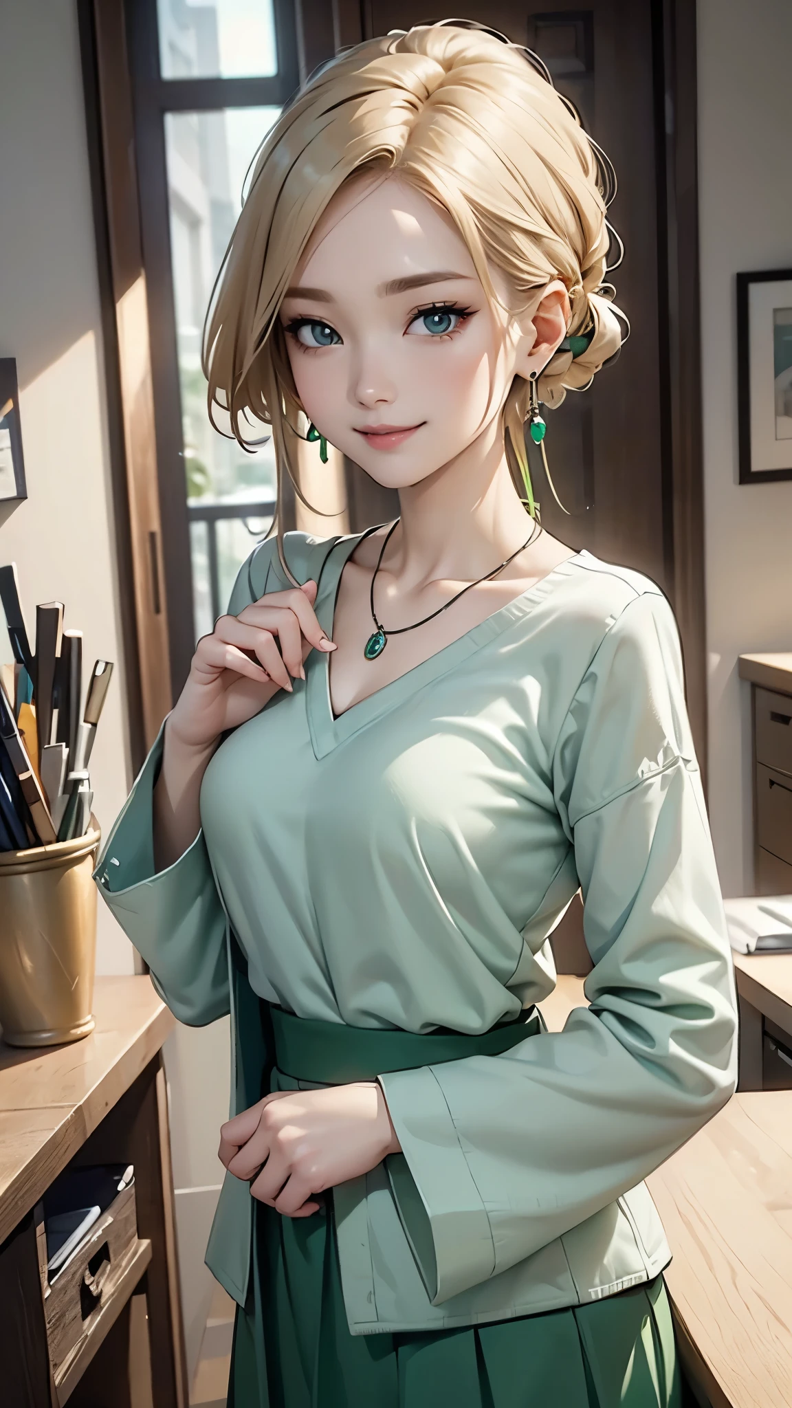 ((Biologically correct limb and finger count))、((standing position))、masterpiece、((focus on the face))、((Symmetrical facial features))、Eyes with detailed description、Beautiful woman、outstanding style、Detailed depiction of faces、earrings、necklace、(shirt、Light Green Suit、skirt）、smile、Work scene in the office,