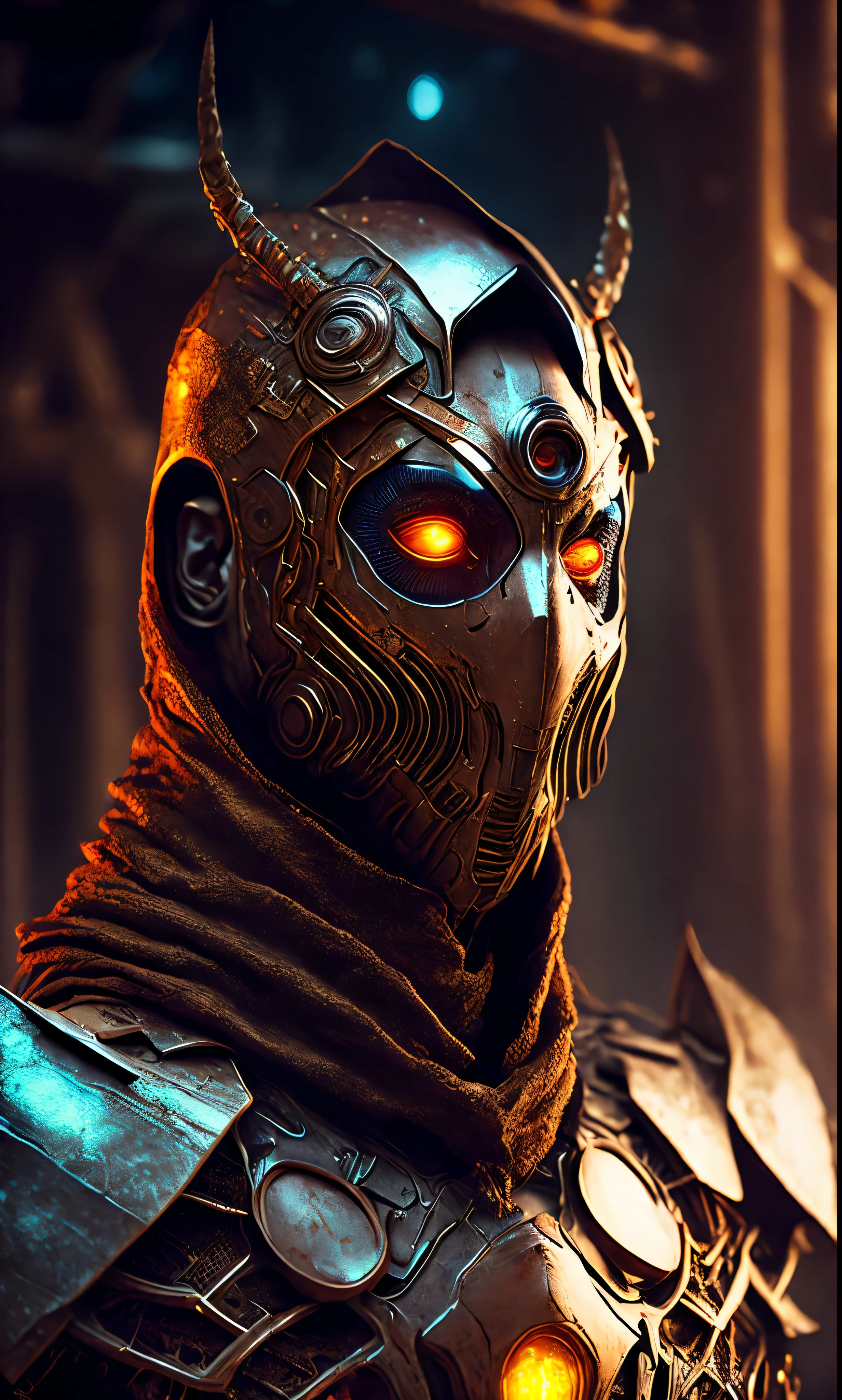 Breathtaking sci-fi cinematic photo of a portrait of a masked non-human Grim wrapped in a brown chrome metal skin, body full of shiny metrics inside, olhos multicoloridos brilhantes, olhos multifacetados, metal arms, inside a destroyed building, extremely threatening creature, altamente detalhado, premiado