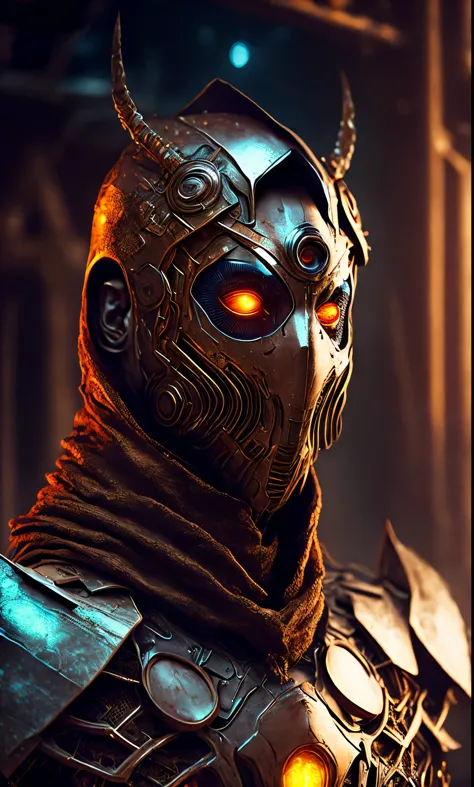 Breathtaking sci-fi cinematic photo of a portrait of a masked non-human Grim wrapped in a brown chrome metal skin, body full of ...