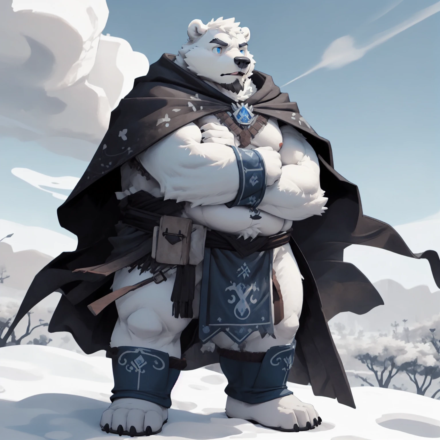 New Jersey 5 Hairy,polar bear，Full body portrait of an individual,exquisite， chubby，Fat，thick arms，Rugged muscles，Naked from the waist down，White plush fur，chubby脸，black eyebrows，sky blue eyes，beard，Warrior attire，cloak，front，battlefield