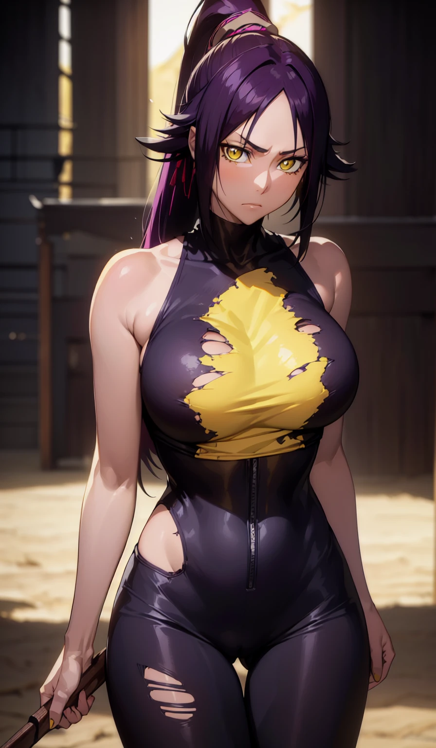 yoruichishihouin, Yoruichi Shihouin, long hair, (yellow eyes:1.5), ponytail, purple hair, black skin, Dark skinned woman,
BREAK bodysuit, black bodysuit, bare arms, bare shoulders, side boob,
BREAK outdoors,
BREAK looking at viewer, (cowboy shot:1.5),
BREAK (masterpiece:1.2), highest quality, High resolution, unity 8k wallpaper, (figure:0.8), (detailed and beautiful eyes:1.6), highly detailed face, perfect lighting, Very detailed CG, (perfect hands, perfect anatomy),torn clothes、Clothes torn、Breasts fully visible、Big Areola