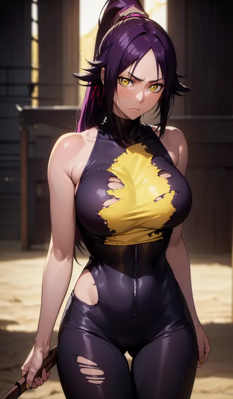 yoruichishihouin, yoruichi shihouin, long hair, (yellow eyes:1.5), ponytail, purple hair, black skin, 浅black skinの女性,
break body...