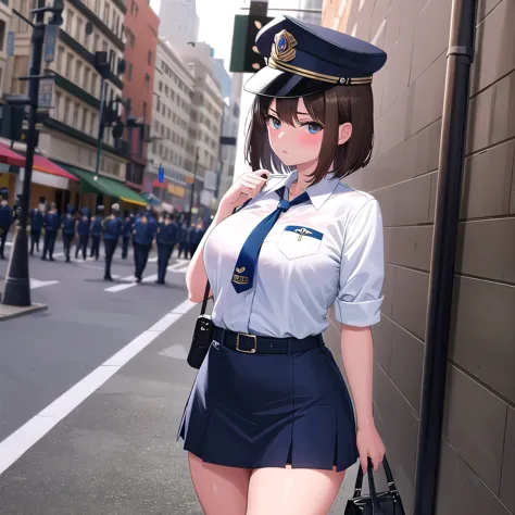 Beretta 92FS ,1 girl,Navy Blue American Police,navy blue mini skirt,Navy Blue Police Hat,serious face,brown hair,bob hair,New Yo...