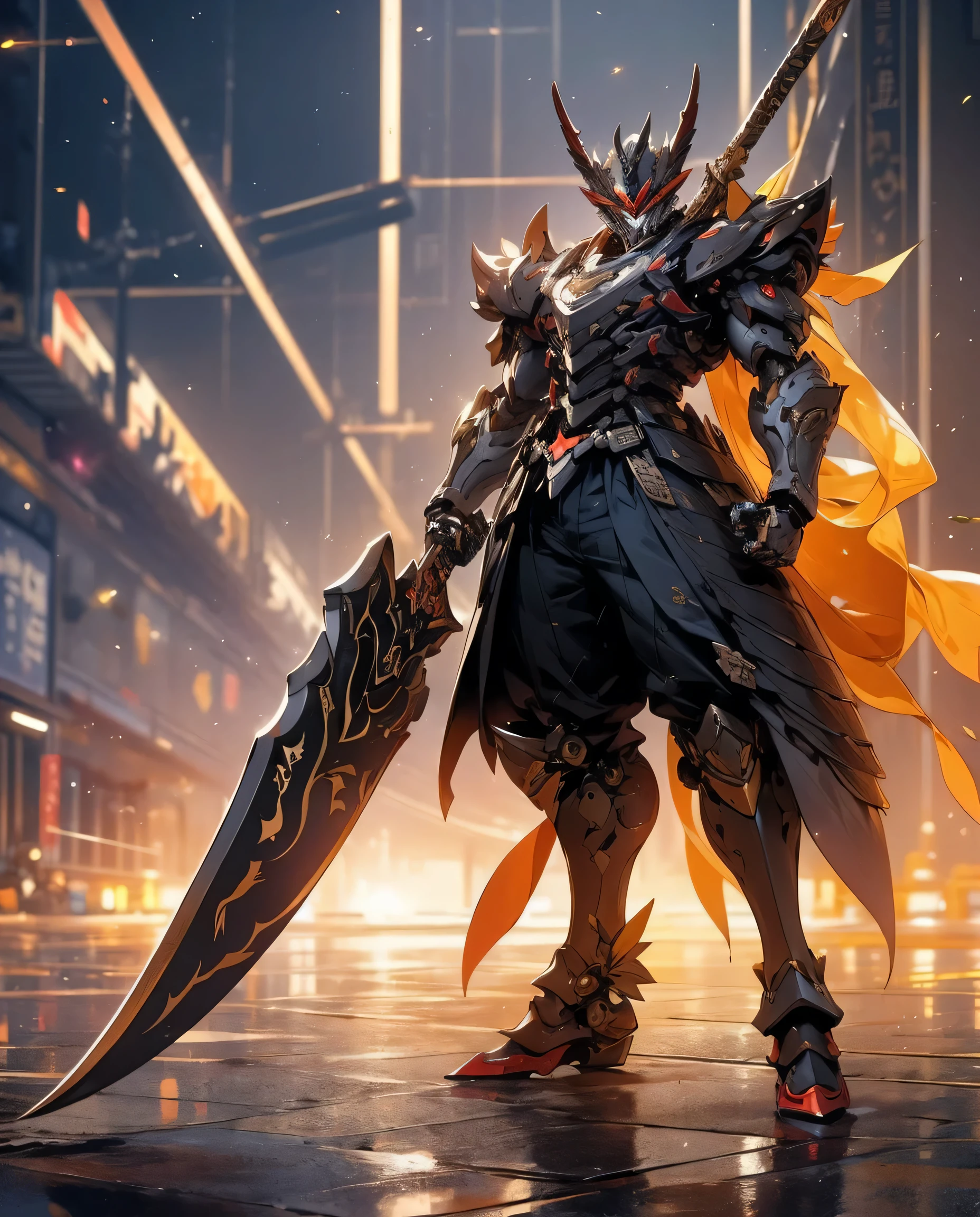 super wide shot, Full body frontal photo,Mecha male warrior，The heroic demeanor of the Three Kingdoms,《Mech color: Red and dark series》，（《Romance of the Three Kingdoms》，《Lu Bu》，Holding Fang Tian's halberd in his hand，），（Full body mecha）, Keqing from Genshin Impact, (Masterpiece) ， The best quality， High quality，Gold armor，movie lighting， （Exquisite future）， Beautiful and beautiful， Ultra detailed， great composition， Floating， Depth of field， （Very detailed CG，Unity 8k wallpaper）， （Beautiful detail background）， dramatic lights， GOGETTA， Mecha，best qualtiy，Ultra-high 8K Ultra HD，digital SLR camera，high qulity，Film grain resolution