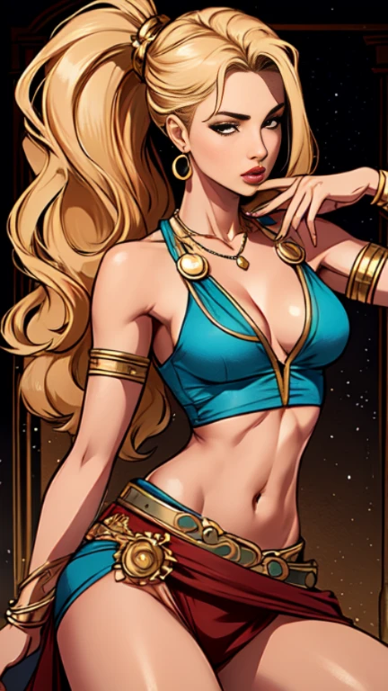 1woman 30year old, solo, long blonde hair, looking at viewer, navel, cleavage, bare shoulders, brown eyes, jewelry, medium breasts, earrings, midriff, belt, necklace, bracelet, lips, armlet, ((dynamic pose)), ((dynamic angle)),