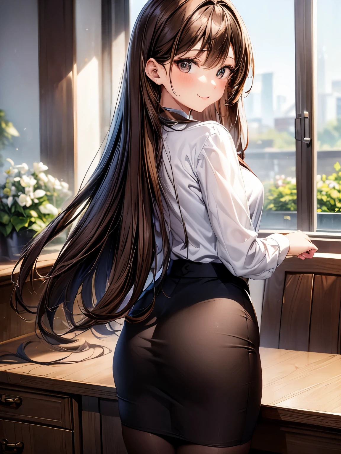 Anime girl with long hair and black skirt posing in front of window -  SeaArt AI