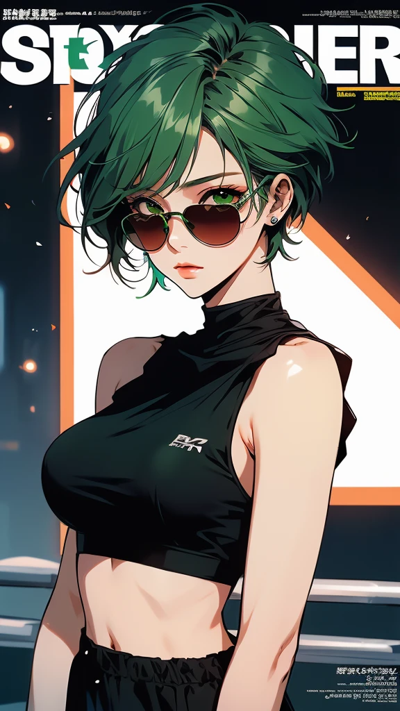 ((1girl)), mature woman, tamaki, green eyes, small eyes, green hair, (boyish short hair:1.3), Fashion magazine cover, high fashion brands, big breasts, Black clothing, Wearing sunglasses