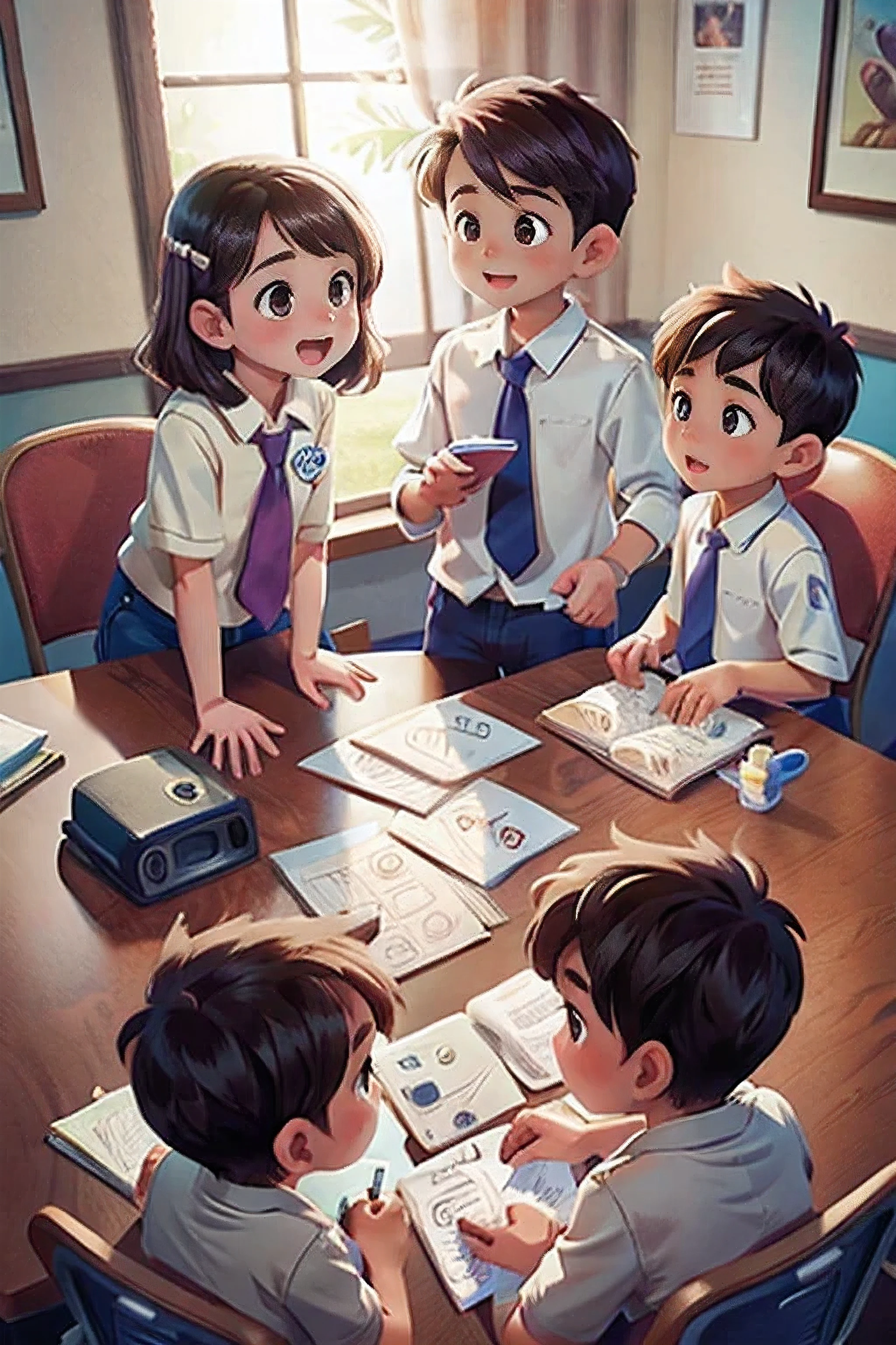 Three boys, two girls, sitting around the conference table，vote 