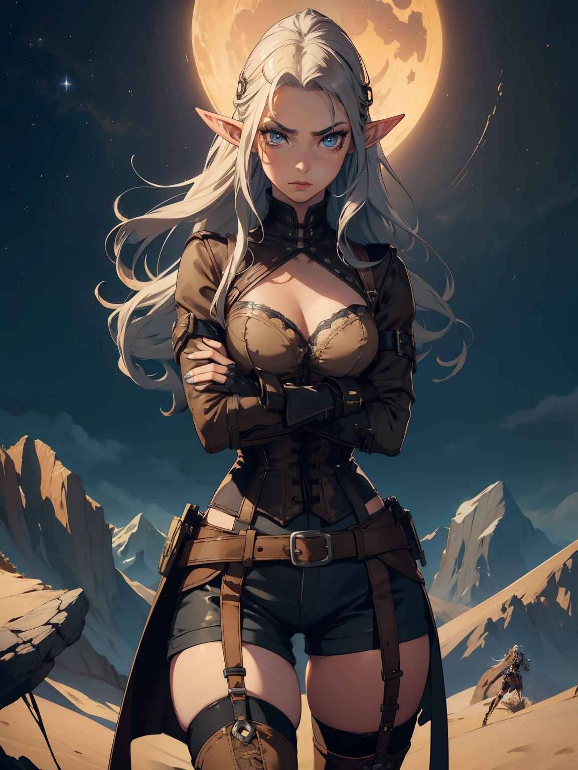 masterpiece, high quality, 1_woman, ((upper body)), (with arms crossed), ((crossing arms)), standing, (exotic skin_complexion:1.4), mature, (looking away from the viewer), (pouting face), tall, beautiful, exotic, with long elf ears, long hair, silver hair, detailed face, having diamond shaped eyes, blue eyes, (dark_eyeliner), long_eyelashes medium_bust, wearing Steampunk corset, chest window, (brown shorts), crossing belts, (goggles on head), long fingerless_gloves, belts with metal gears, black thigh highs with embroidery, knee boots with laces, dynamic lighting casts detailed shadows, mountains in distance, walking path, grassy field, night sky, stars, 